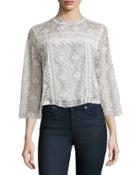 Floral-lace 3/4-sleeve Blouse, Ivory