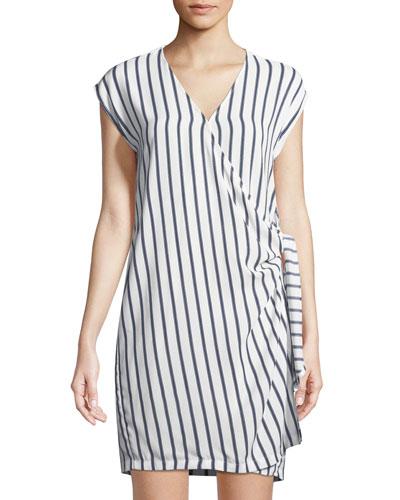 Cap-sleeve Striped Wrap Dress