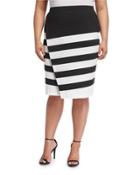 Faux-wrap Striped Pull-on Skirt, Black/white,