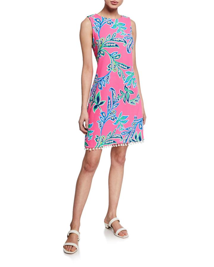Leaf-print Sleeveless Shift Dress W/ Pompom Trim