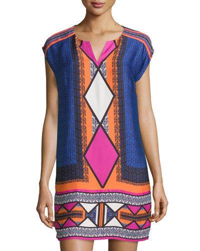 Diamond-print Cap-sleeve Shift Dress, Panama Pink