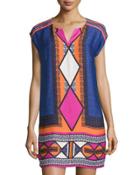 Diamond-print Cap-sleeve Shift Dress, Panama Pink