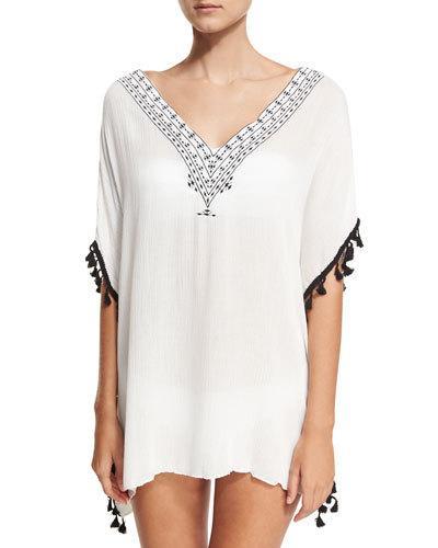 Pompom-trim Kimono Coverup, Black