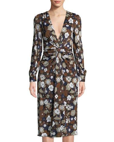 Plunging Floral-print Satin Jersey Dress