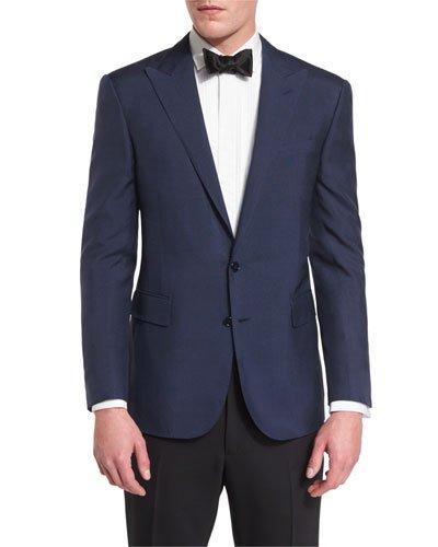 Solid Peak-lapel Silk Jacket, Navy