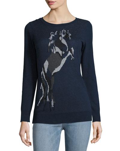 Horse Jacquard Print Sweater, Navy/gray