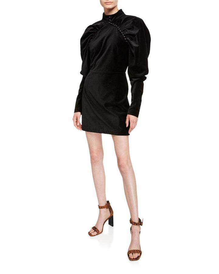 Velvet Puff-sleeve Mini Dress With Buttons