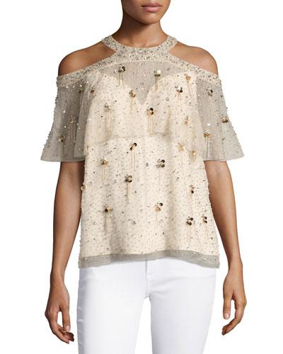 Genevieve Embellished Silk Popover Blouse, Nude
