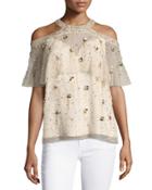 Genevieve Embellished Silk Popover Blouse, Nude