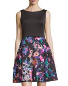 Sleeveless Scuba Floral Fit & Flare Dress, Black