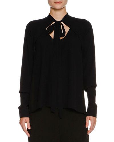 Tie-neck Crepe Cardigan, Deep Blue