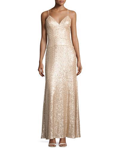 Spaghetti-strap Sequin Column Gown, Blush