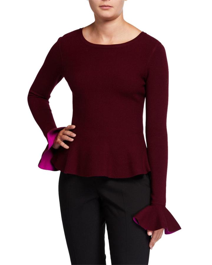 Contrast Knit Long-sleeve Flare Top