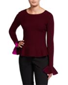 Contrast Knit Long-sleeve Flare Top