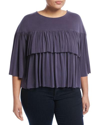 Double-ruffle Jersey Top, Blue,