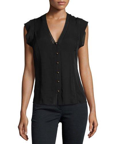 Fulton Silk Flutter-sleeve Top, Black