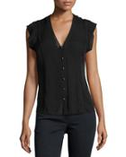 Fulton Silk Flutter-sleeve Top, Black