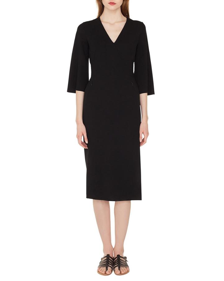V-neck Bell-sleeve Double-face Wool Dress W/