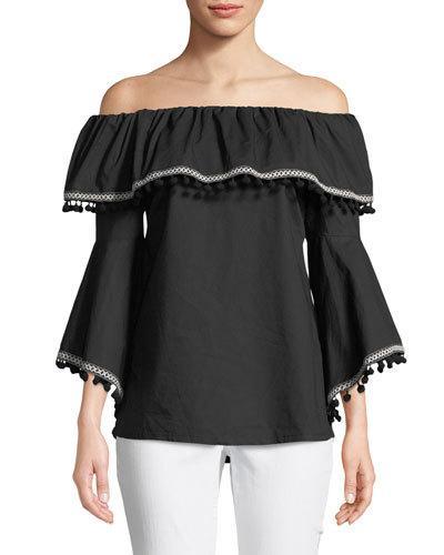 Pompom-trim Off-the-shoulder Peasant Blouse