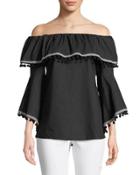 Pompom-trim Off-the-shoulder Peasant Blouse