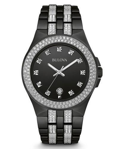 42mm Men's Crystal Bezel Bracelet Watch, Black