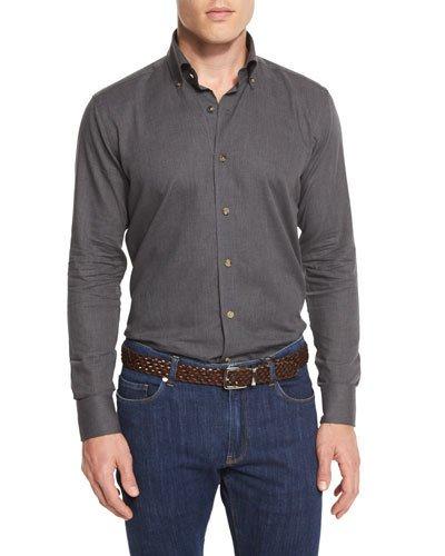 Melange Herringbone Long-sleeve Sport Shirt, Dolomite Gray
