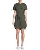 Button-down Short-sleeve Belted Cargo Stretch-cotton Dress