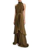 Tiffany Pleated Charmeuse High-neck Sleeveless Gown