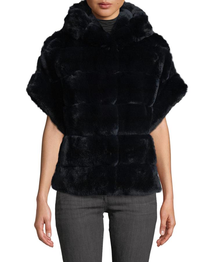 Horizontal Rex Rabbit Fur Hooded Short-sleeve Jacket