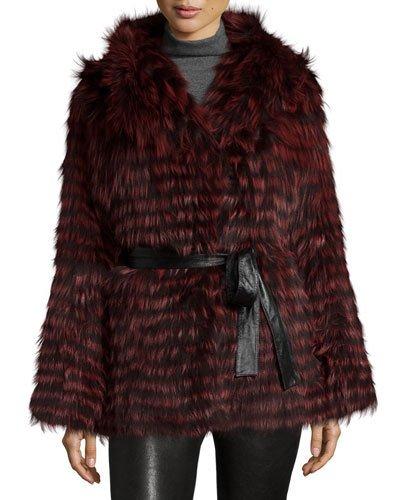Belted Fox-fur Hooded Parka Coat, Wine