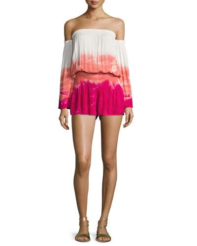 Estelle Tie-dye Ombr&eacute; Off-the-shoulder Romper, Hibiscus Water Ripple