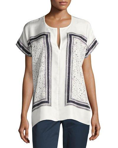 Scarf-print Silk Popover Top, White/black