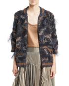 Waxed Cotton-linen Zip-up Cardigan With Feather Trim