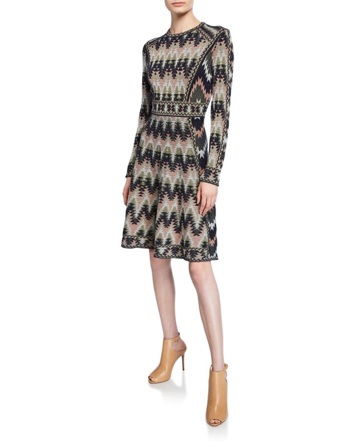 Crewneck Long-sleeve Short Jacquard Dress