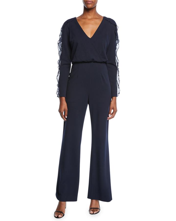 V-neck Long-sleeve Crepe Jumpsuit W/ Ruffle Detail