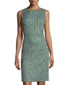Sleeveless Tweed Sheath Dress, Green/multi