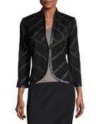 Striped Faux-leather Trim Knit Jacket, Black