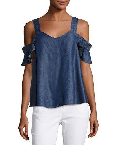 Annie Cold-shoulder Denim Top, Dark Blue