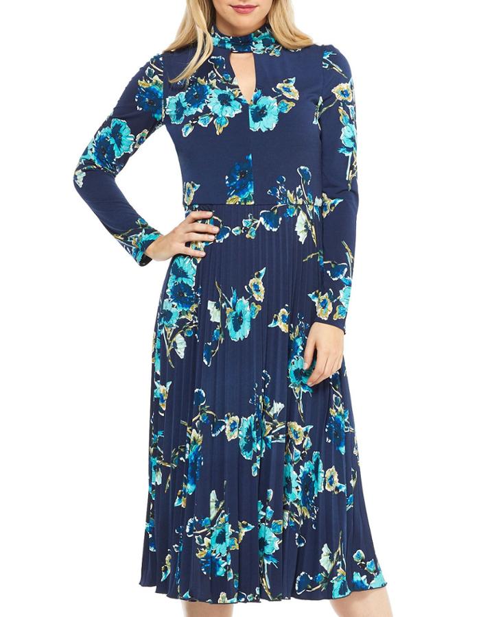 Long-sleeve Pleated-skirt Floral-print Matte Jersey Dress