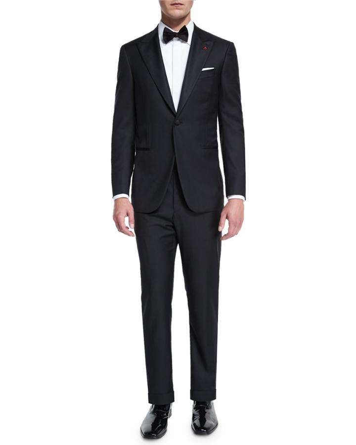 Satin Peak-lapel One-button Wool Tuxedo, Black