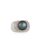 14k White Gold Tahitian Pearl & Diamond Chunky Ring,