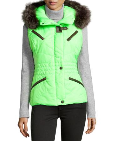Gorski Quilted Fur-trim Ski Jacket, Fluo Citrone (lime Green), Women's,