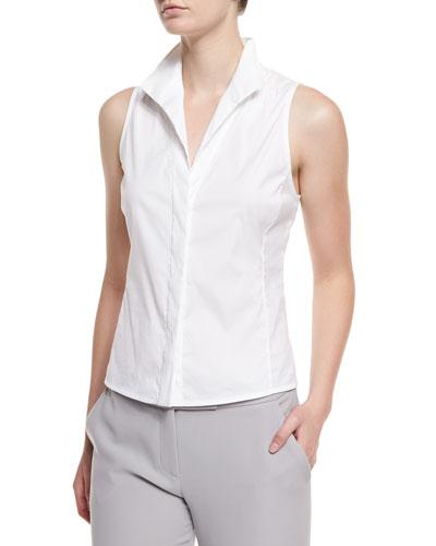Sleeveless Poplin Button-front Blouse, White