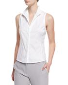 Sleeveless Poplin Button-front Blouse, White