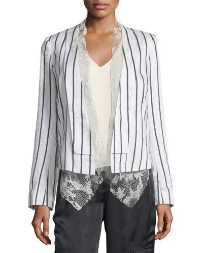 Striped Linen-blend Jacket W/ Lace Vest, White