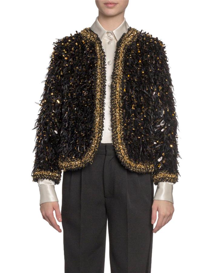 Embroidered Feather Open Blazer