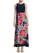 Sleeveless Floral-print Maxi Dress, Navy