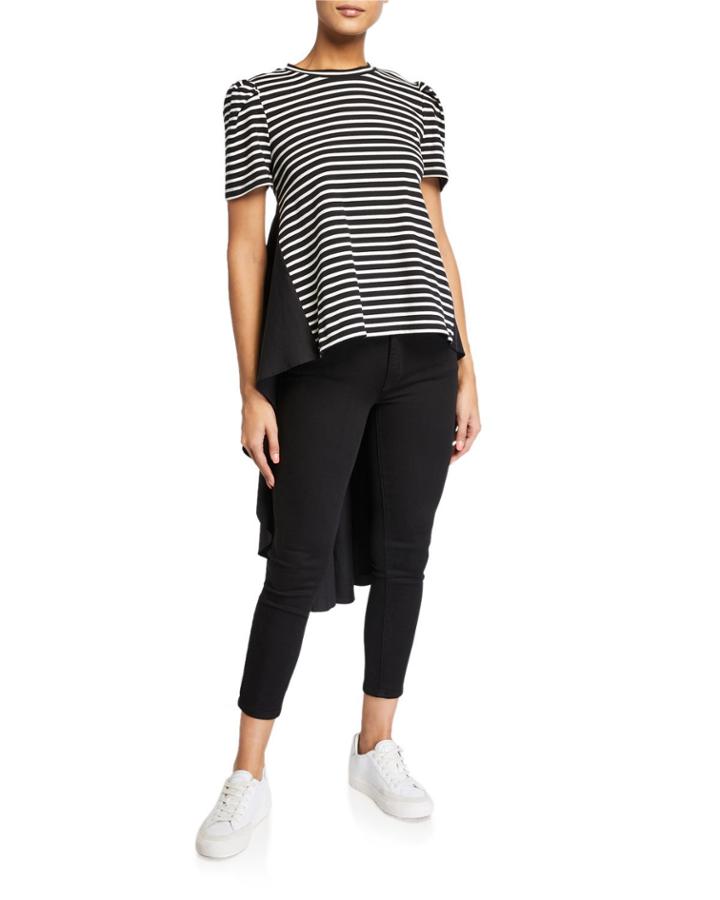 Striped Puff-sleeve High-low Top