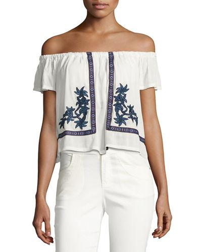 Floral-embroidered Gauze Peasant Top