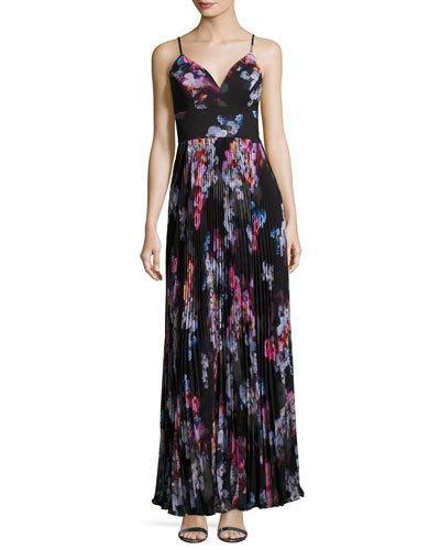 Pleated Floral-print Gown, Black Pattern
